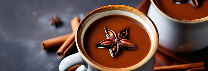 Pair of cozy mugs filled with aromatic Champurrado, garnished with cinnamon sticks and star anise, set against a clean white backdrop with room for text.
