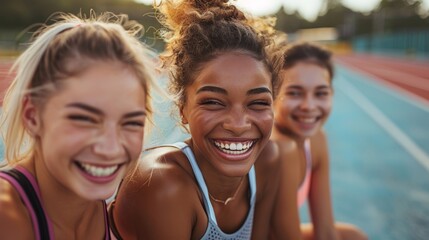 Fototapeta na wymiar Laughter and Companionship: Women Enjoying a Day Out on a Running Track Generative AI
