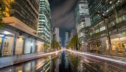 Fototapeta na wymiar Tokyo Nightscape - Neon Glow and Urban Reflections - Empty City Street - Generative AI
