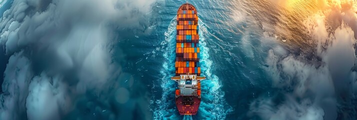 Container ship traveling across the ocean to deliver goods worldwide, maritime freight transport.