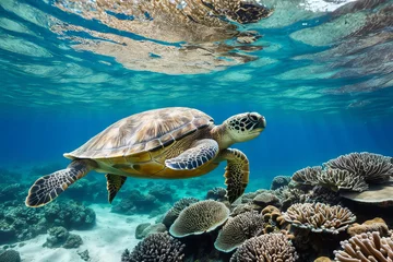 Fotobehang Majestic Marine Moment: Capturing a Turtle Amongst the Coral © Anna