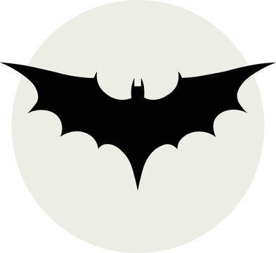 Open wings front bat design in front of the full moon. Scary black vector halloween illustration with transparent background, dark illustration for halloween.