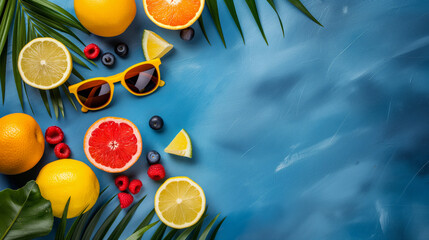 Sunglasses, citrus fruits, blueberries, raspberries and leaves on a blue background