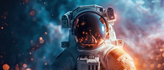 Astronaut in space with Earth's horizon backdrop, reflecting exploration and cosmic discovery Spacewalk serenity, astronaut adrift against a fiery orbital sunrise, symbolizing human spacefligh - obrazy, fototapety, plakaty