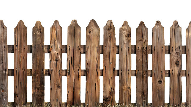 Brown wooden fence with grass at the bottom isolated on transparent background.