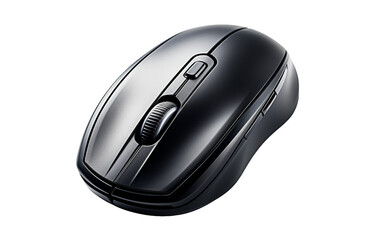 A sleek black computer mouse stands out against the stark white background