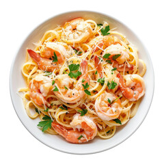 Shrimp scampi over linguine in a white bowl, garnished with grated Parmesan and fresh parsley.