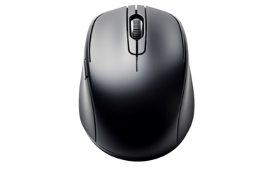 A sleek black computer mouse resting on a pristine white background