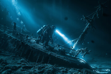 Diver Illuminates Shipwreck