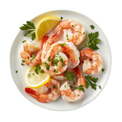 A gourmet shrimp cocktail served on a white plate, garnished with lemon slices and fresh parsley.