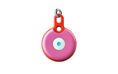 A pink and red dog tag featuring an eye design