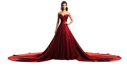 A elegant woman in a vibrant red dress stands confidently against a stark white background