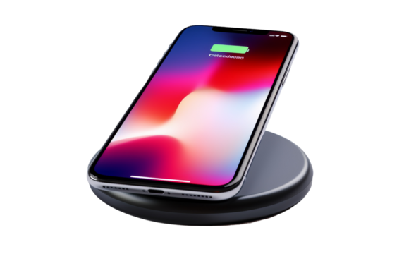 An iPhone plugged into a charging station to power up