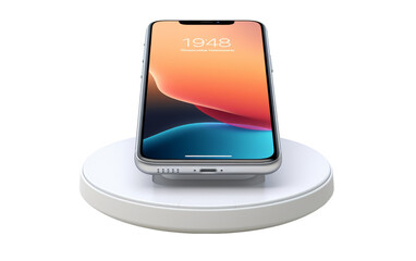 An iPhone delicately balanced on top of a sleek charging station