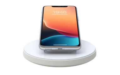 An iPhone delicately balanced on top of a sleek charging station