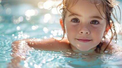 Fototapeta na wymiar Summer Delight: Little Girl Exiting a Swimming Pool Generative AI
