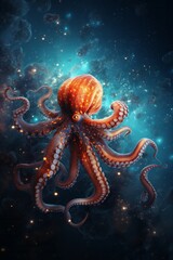 An interstellar octopus is peacefully floating in the cosmic ocean, its tentacles gracefully drifting in the weightless environment