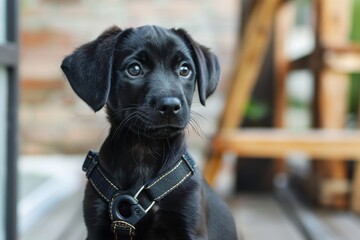 Black lab pup with harness