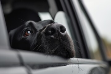 Black labrador sticking head out of car window