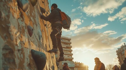 Adventurous Man Scaling a Wall while Friends Cheer On Generative AI