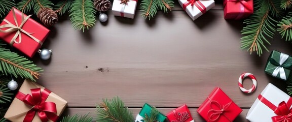 Merry Christmas, frame of spruce branches gifts and christmas tree decorations. Template, new year concept, copy space.