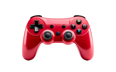 Close up of a red controller resting on a white background