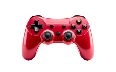 Close up of a red controller resting on a white background