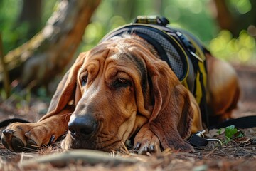 Bloodhound dog resting in tracking gear - obrazy, fototapety, plakaty