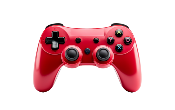 Close up of a red controller resting on a white background