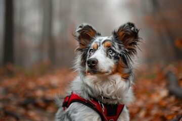 Blue merle Aussie dog with red harness in woods