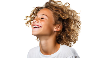 A little girl joyfully laughs as her hair dances in the wind
