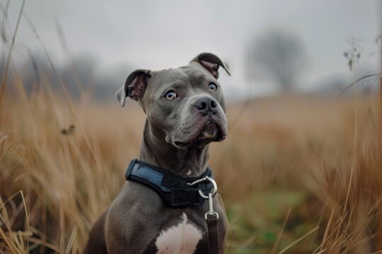 Blue Staffy proudly sits outside on a cloudy day with harness and leash