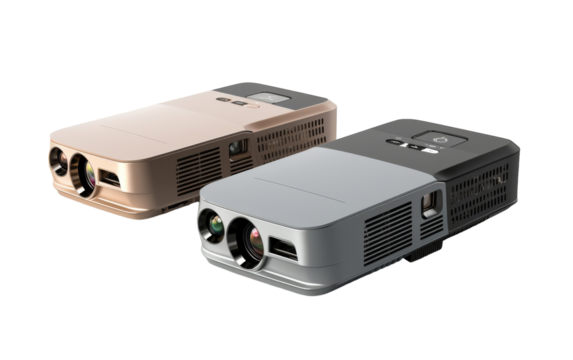 Two projectors side by side on a table