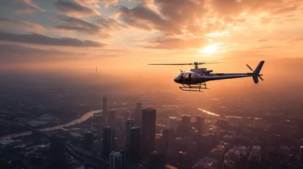 Zelfklevend Fotobehang poster of Helicopter flying over the sunset for VIP transport promotion © Shivart