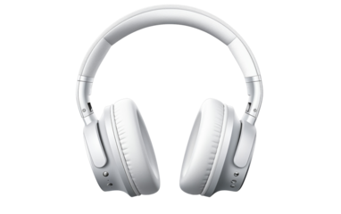 Pair of white headphones resting on a white background
