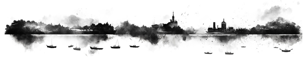 Monochrome watercolor panorama featuring silhouetted skyline, boats, and reflection over water. Isolated, PNG cutout.