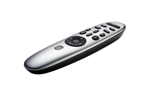 A detailed close-up of a sleek remote control on a blank white surface