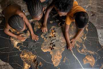 Afrikanische Kinder setzen ein Puzzle der Welt zusammen, schwarz-gold, Teile Afrikas fehlen, Konzept Kontinent Afrika, Zukunft Afrika, Blickwinkel von oben