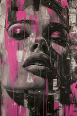Schwarz/weiß/rosa abstraktes Gemälde einer Frau mit Farbspritzern, verzerrt, fragmentiert