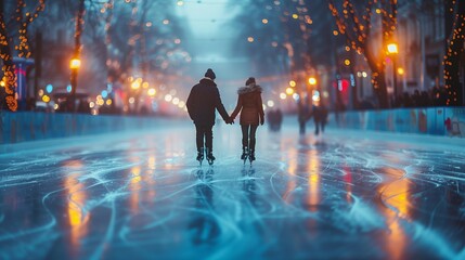 Winter Love: Ice Skating Together, generative ai - obrazy, fototapety, plakaty