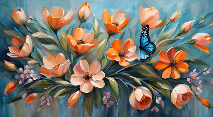 spring flowers painted with oil paints in peach tones and bright butterfly - obrazy, fototapety, plakaty