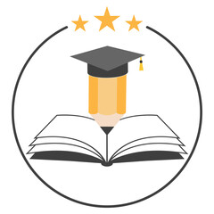 Illustration of a pencil with a student's cap and a book on a white background.