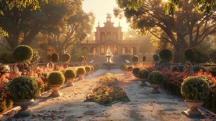 Sunset Splendor: Baroque Palace Garden, generative ai - obrazy, fototapety, plakaty