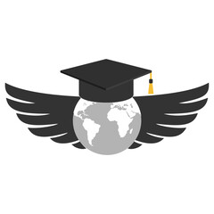 Illustration of a graduate hat with wings flying around the earth 