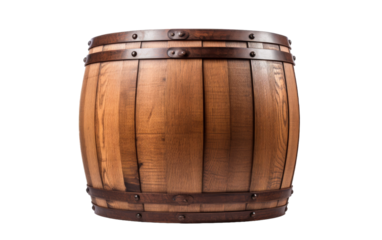 A wooden barrel rests peacefully on a white background