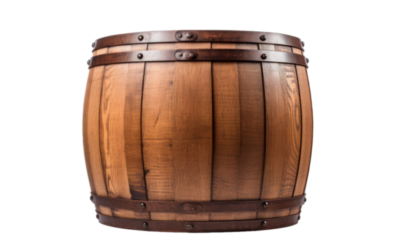 A wooden barrel rests peacefully on a white background