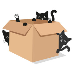 Illustration of cute black cats in cardboard box isolated on white background.