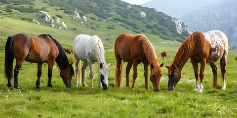 Young Horses Grazing in a Field. Concept Animal Photography, Equestrian Life, Pastoral Scenes - obrazy, fototapety, plakaty
