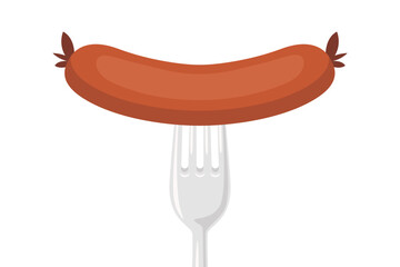 Vector Flat Sausage and Fork Closeup Isolated on a White Background. Cartoon Sausage Design Template