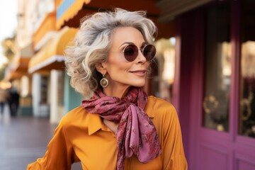 beautiful middle aged woman in sunglasses and scarf looking away on street